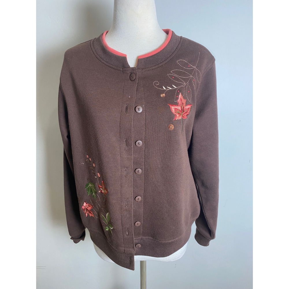 Vintage 90's Shenanigans Petite Brown Embroidered Leaf Fall Granny Sweatshirt PS